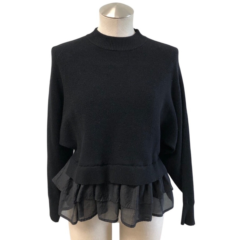 Flat White Sweater Womens XS Black Ruffle Hem Mock Neck Tiered Chiffon Coquette